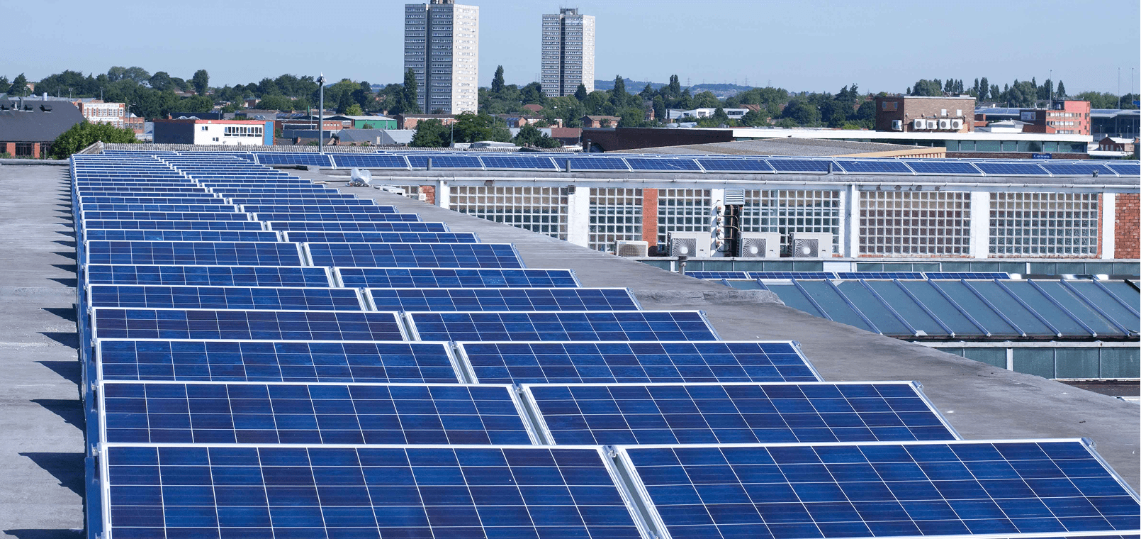 City skyline with solar panels